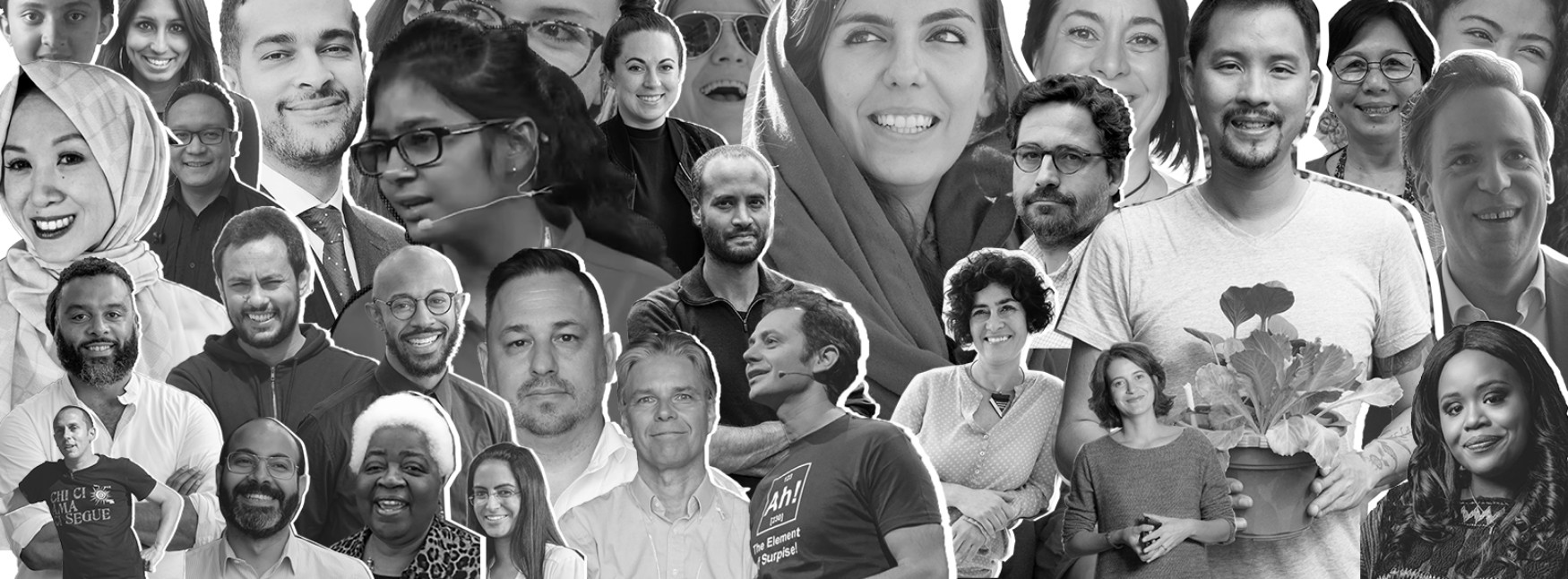 Black-and-white image representing the diversity of the Ashoka Fellows and changemakers through a collage of portraits.