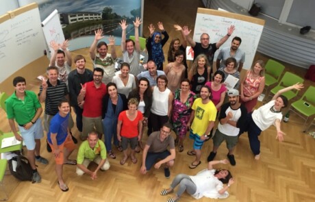 Group photo, taken from a bird's eye view, of the first ever cohort of the Ashoka Visionary Program 2015/16.